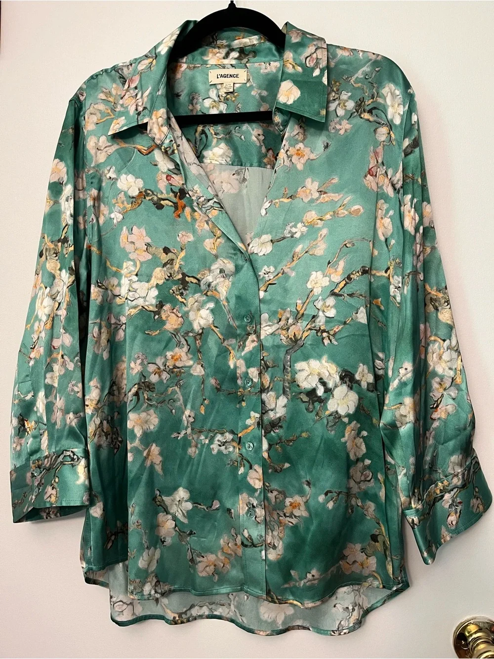 L’AGENCE Dani Cherry Blossom Print 100% Silk Button-Up Shirt Sz XL - Picture 5 of 9